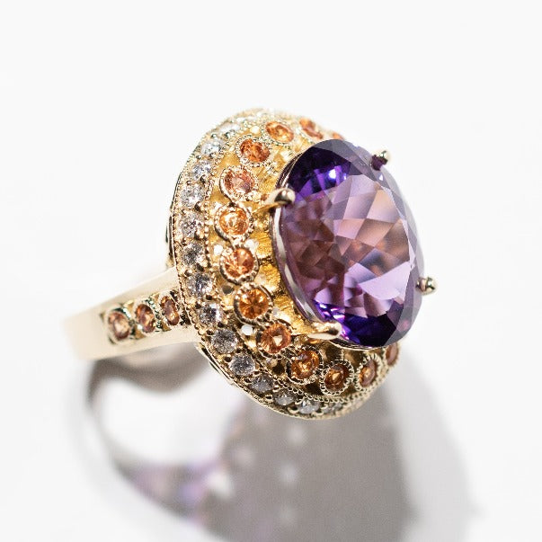 10ct Purple Amethyst, Diamond and Sapphire Ring