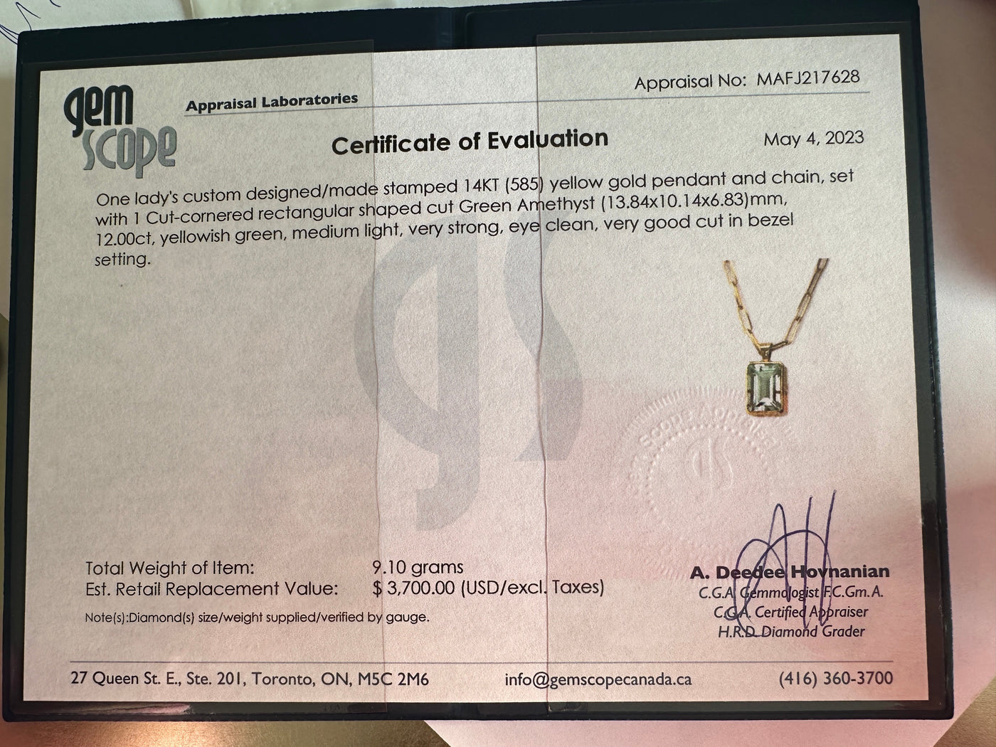 12ct Hestia Green Amethyst Pendant & Paperclip Chain 14k Gold