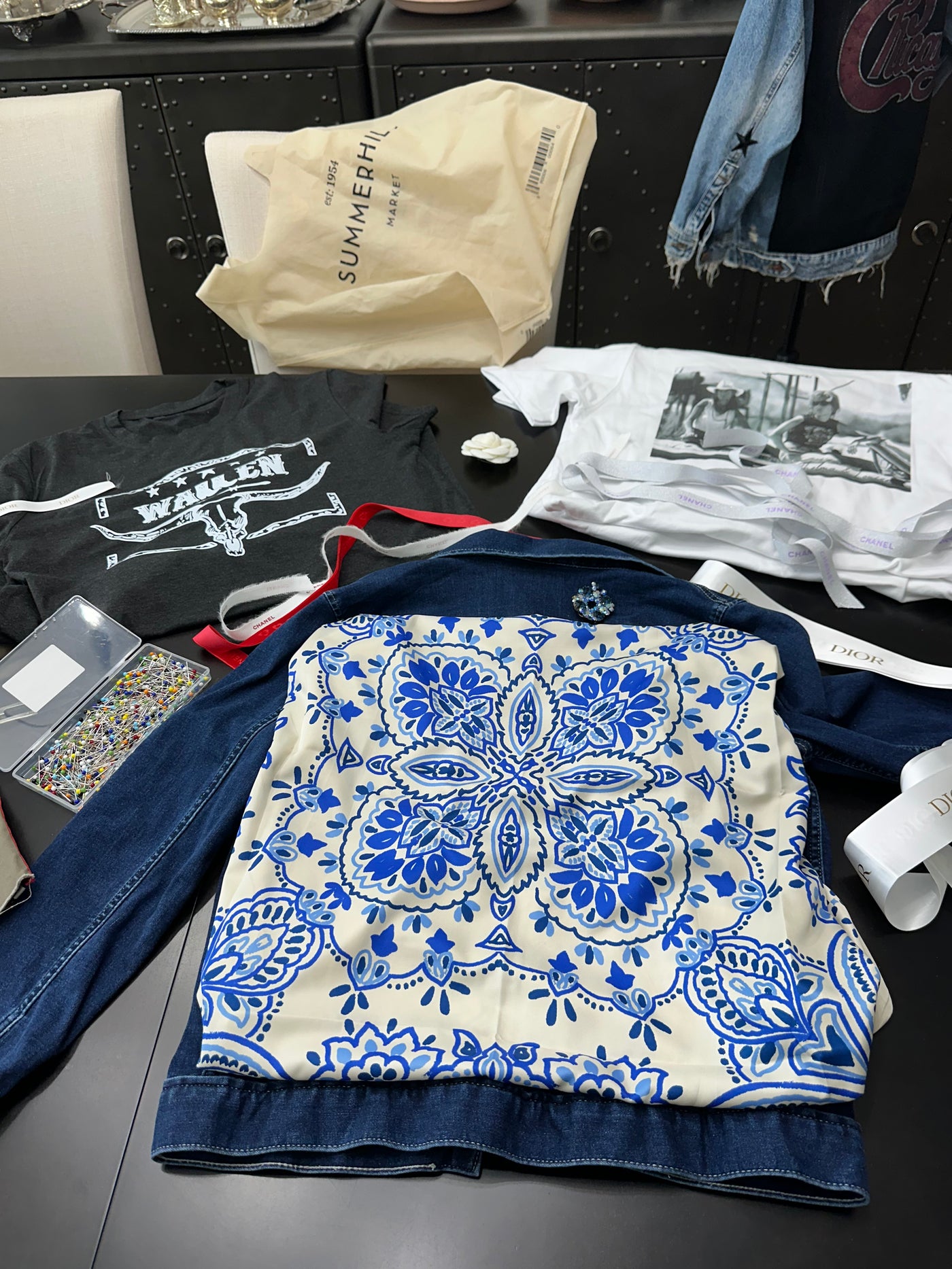 Blue Flower Cream Scarf Jean Jacket - M