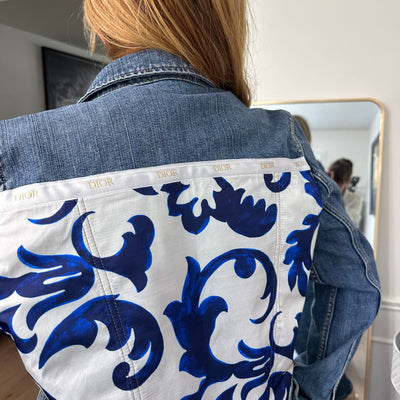 White/Ivory & Blue Jean Jacket with crystal brooch - L