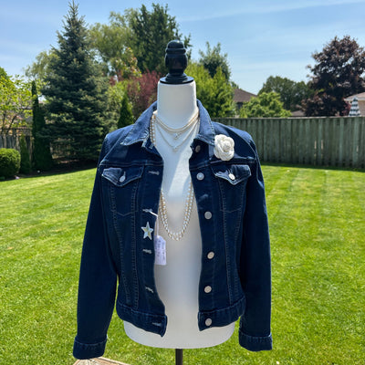 Blue Flower Cream Scarf Jean Jacket - M