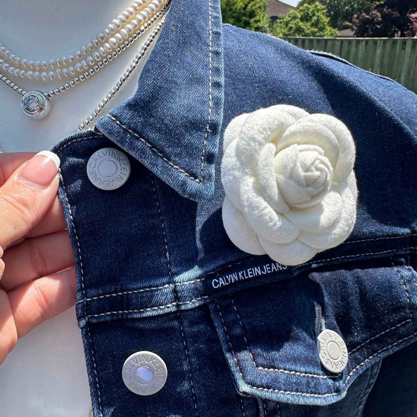 Blue Flower Cream Scarf Jean Jacket - M