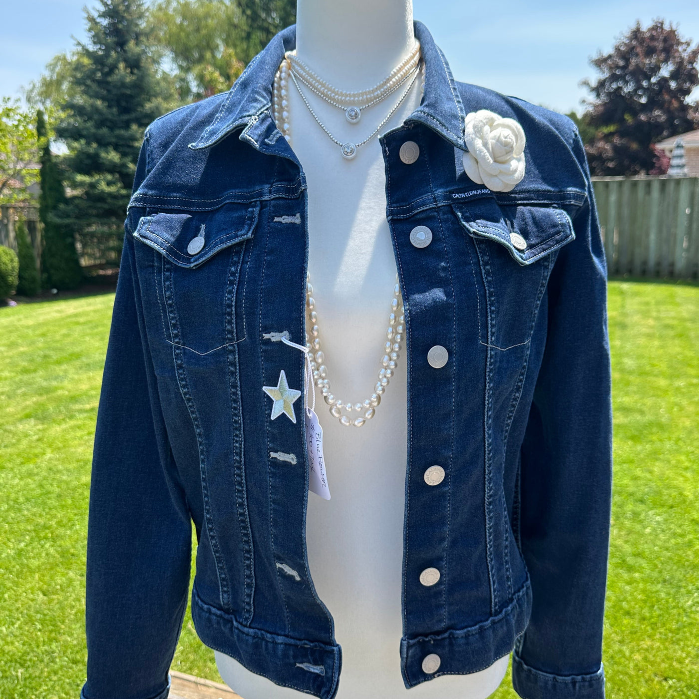 Blue Flower Cream Scarf Jean Jacket - M