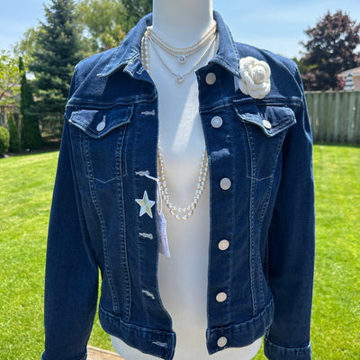 Blue Flower Cream Scarf Jean Jacket - M