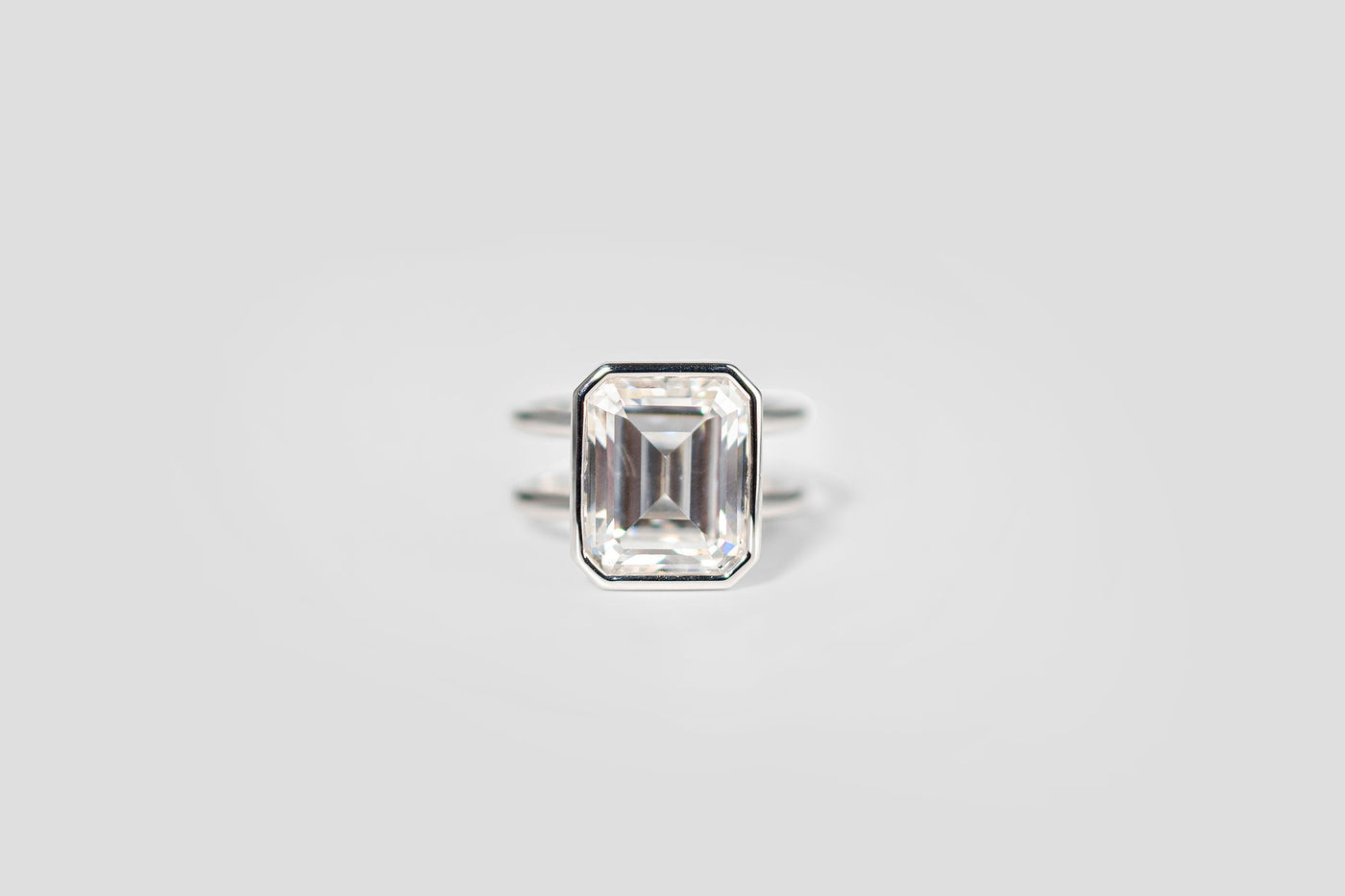 6.47ct Emerald Cut Moissanite Ring – 10k white gold