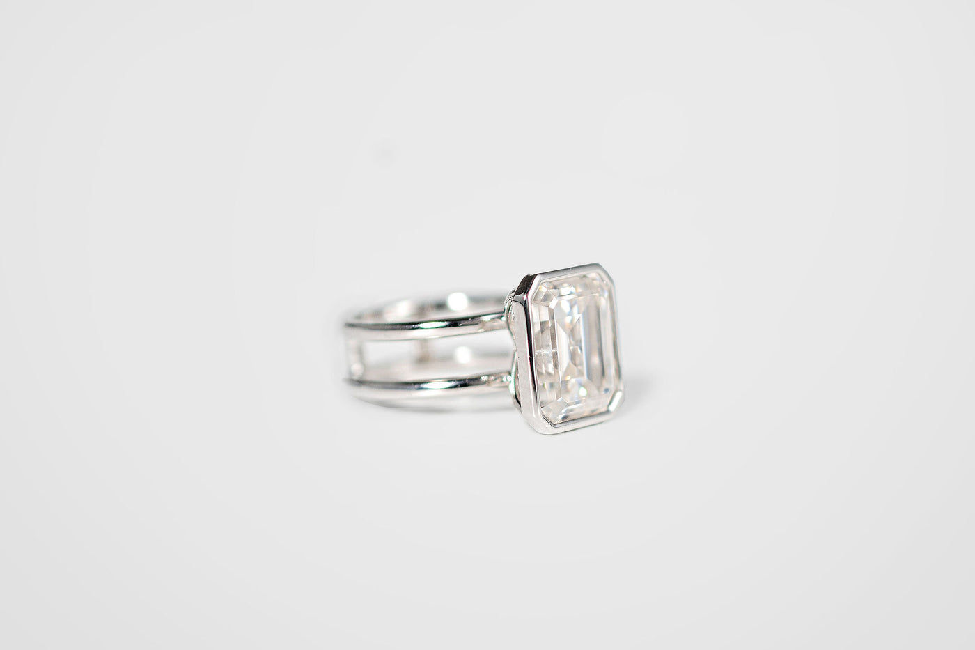 6.47ct Emerald Cut Moissanite Ring – 10k white gold