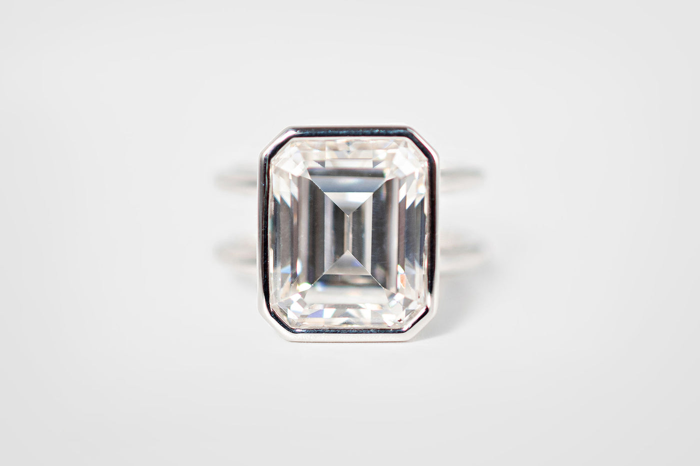 6.47ct Emerald Cut Moissanite Ring – 10k white gold