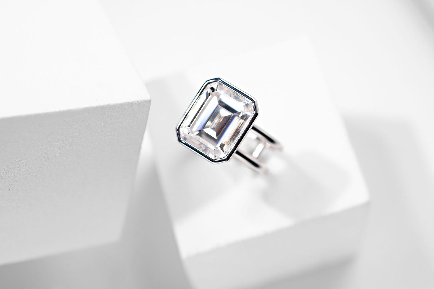 6.47ct Emerald Cut Moissanite Ring – 10k white gold