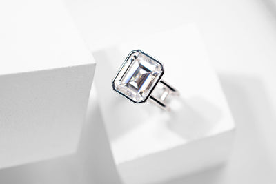 6.47ct Emerald Cut Moissanite Ring – 10k white gold