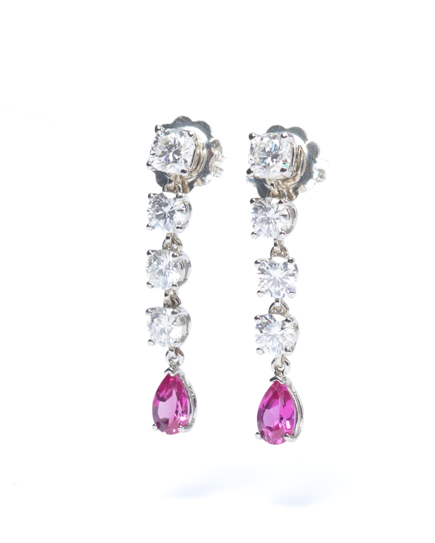 Glamorous Drop Earrings - Moissanite and Lab Pink Sapphires