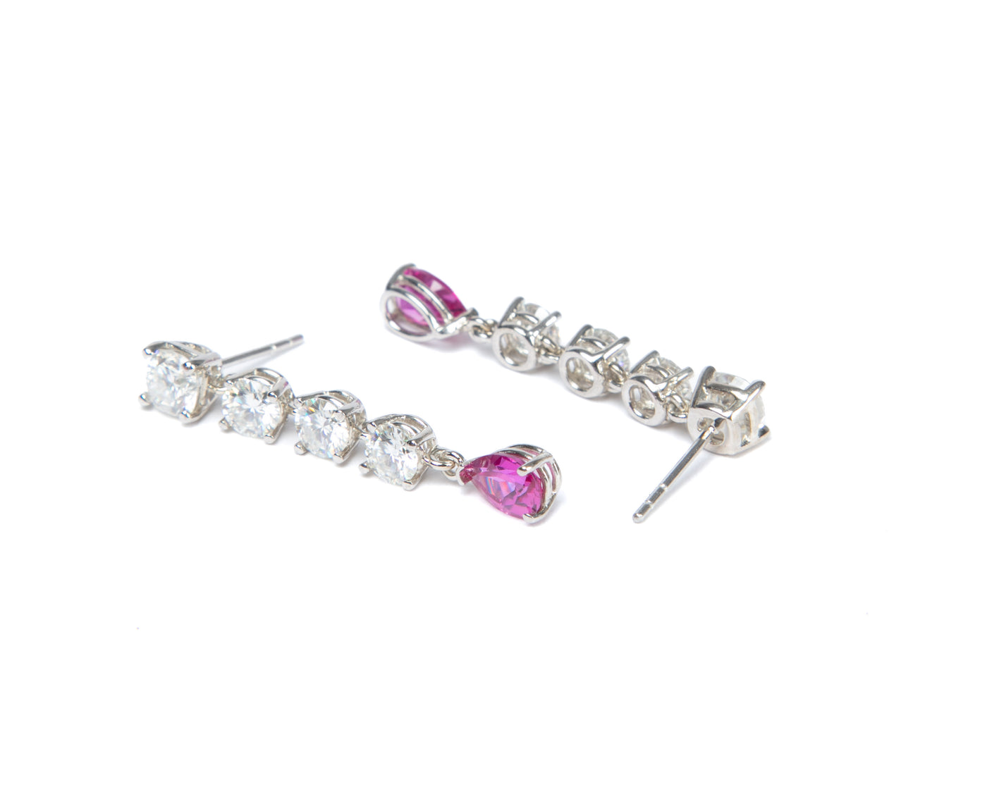 Glamorous Drop Earrings - Moissanite and Lab Pink Sapphires