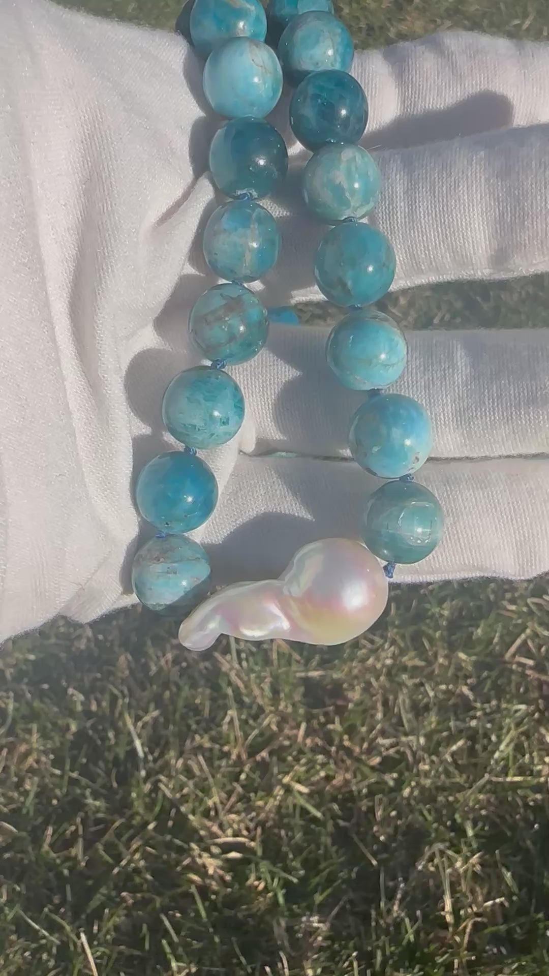 Apatite and White Baroque Pearl Necklace