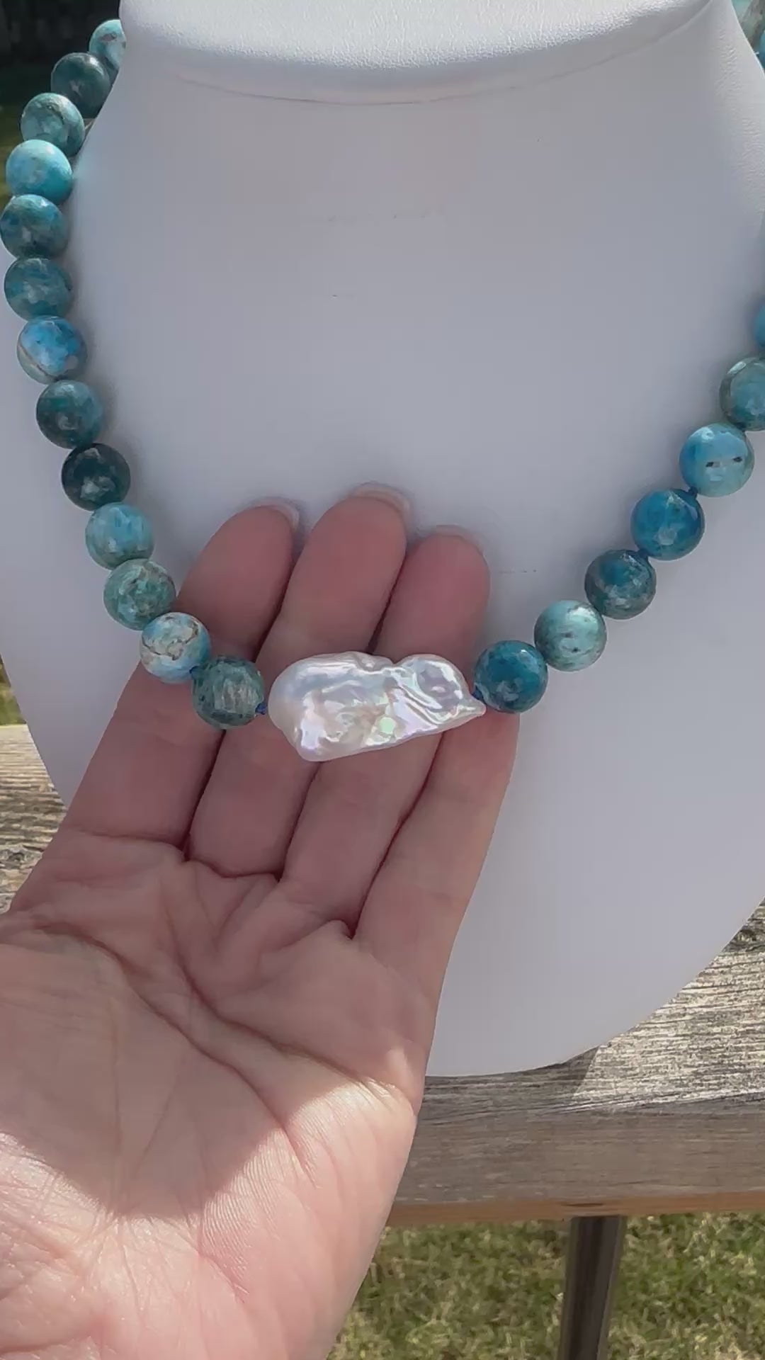 Apatite and White Baroque Pearl Necklace